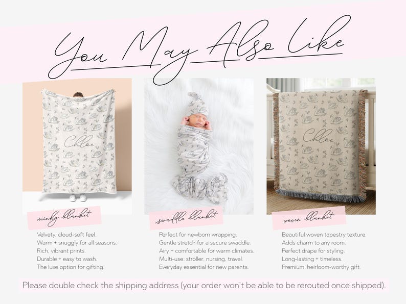 Personalized Swan Baby Swaddle Set Name Newborn Girl Hospital Outfit Custom Blanket Beanie Keepsake Shower Gift Heirloom Nursery Decor image 8