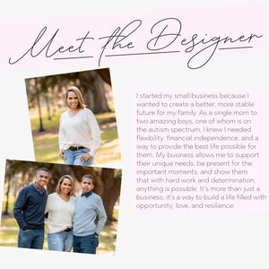 May include: A light pink background with the cursive text "Meet the Designer". The image includes two photographs: a woman in a white jumper and jeans, and a family portrait of the woman with two young men. Text explains the designer's inspiration.