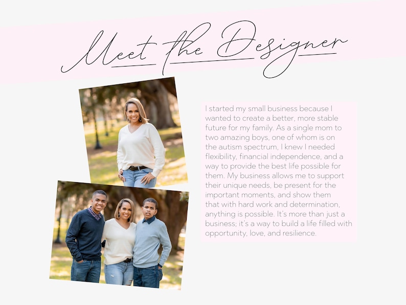 May include: A light pink background with the cursive text "Meet the Designer". The image includes two photographs: a woman in a white jumper and jeans, and a family portrait of the woman with two young men. Text explains the designer's inspiration.