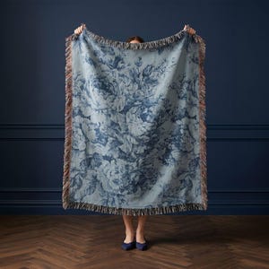 Blue Floral Toile Woven Throw Blanket Gift For Wife Anniversary Vintage French Cottage Fringe Sofa Accent Timeless Heirloom Keepsake Decor