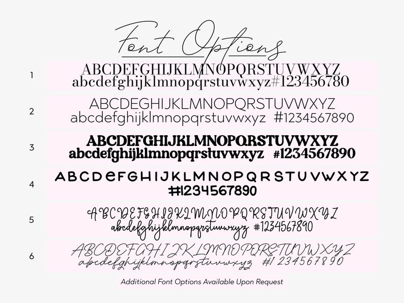 May include: An image displaying a selection of font styles. The text 'Font Options' is at the top, with six different font examples below, each showing uppercase and lowercase letters, numbers, and symbols. Additional font options are available upon request.