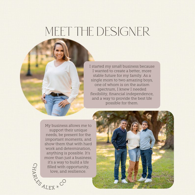 The image is a collage featuring a woman in a white sweater and jeans, a family posing for a photo, and a woman in a blue sweater and jeans. The collage includes text descriptions of the images.