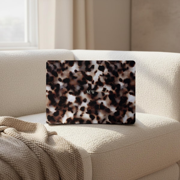 Tortoise Shell Macbook Case Personalized Laptop Cover Custom Initial Gift for Wife Work From Home Chic Accessory Office Tortoiseshell Print