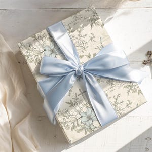 Personalized Christian Floral Wrapping Paper Blue Baptism Gift Wrap Communion Ivory Cross Lily Religious Present Confirmation Packaging