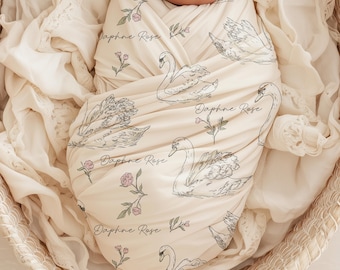 Personalized Swan Baby Swaddle Set Name Newborn Girl Hospital Outfit Custom Blanket Beanie Keepsake Shower Gift Heirloom Nursery Decor