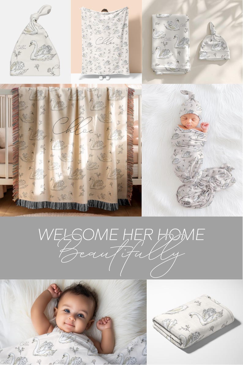 Personalized Swan Baby Swaddle Set Name Newborn Girl Hospital Outfit Custom Blanket Beanie Keepsake Shower Gift Heirloom Nursery Decor image 17