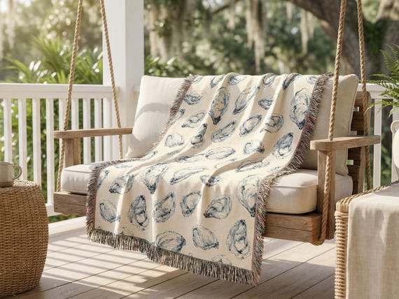 Oyster Throw Blanket Coastal Cottage Decor Fringed Woven Sofa Accent Couch Nautical Living Room Housewarming Gift Idea for Hostess Present