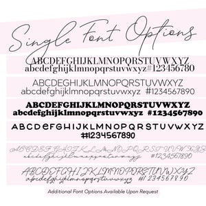 May include: A pink and white graphic displays six single font options. Each option shows uppercase and lowercase alphabets, plus numbers and symbols. The text "Single Font Options" is at the top, with "Additional Font Options Available Upon Request" at the bottom.