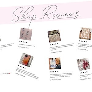 May include: A light pink background with the words "Shop Reviews" in cursive script. Below are customer reviews with five-star ratings and product images, including a pillow, wrapping paper, and a phone case.