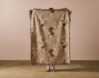 Vintage Rose Print Woven Cotton Throw Blanket Floral Fringe Taupe Beige Living Room Bedroom Timeless Home Decor Gift for Mom Brown Flowers