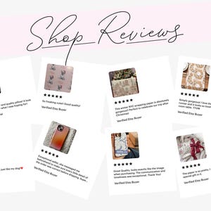 May include: Image displaying customer reviews on white cards against a pink backdrop. Each review includes text and star ratings, highlighting product satisfaction. The words "Shop Reviews" are written in cursive at the top.