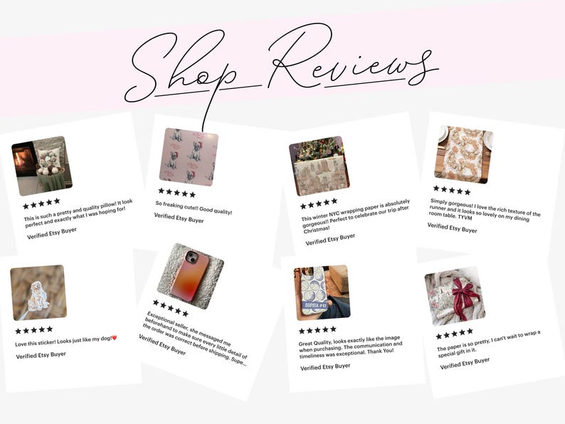 May include: Image displaying customer reviews on white cards against a pink backdrop. Each review includes text and star ratings, highlighting product satisfaction. The words "Shop Reviews" are written in cursive at the top.