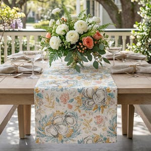 Spring Coastal Oyster Table Runner Neutral Linen Look Brunch Decor Cottagecore Farmhouse Lowcountry Boil Hostess Gift Watercolor Shell Art