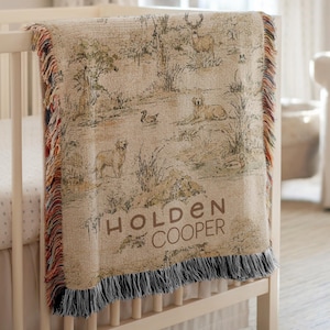 Hunting Nursey Decor Personalized Crib Throw Toile Deer Name Blanket Neutral Woodland Duck Baby Shower Gift Newborn Heirloom Woven Labrador