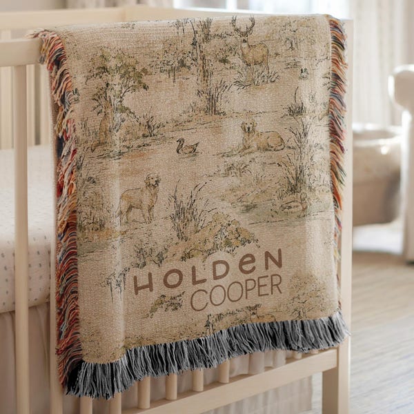 Hunting Nursey Decor Personalized Crib Throw Toile Deer Name Blanket Neutral Woodland Duck Baby Shower Gift Newborn Heirloom Woven Labrador