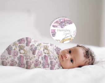 Baby Girl Construction Blanket Custom Pink Swaddle Dump Truck Excavator Peony Hospital Coming Home Infant Wrap Gift for Contractor Daughter