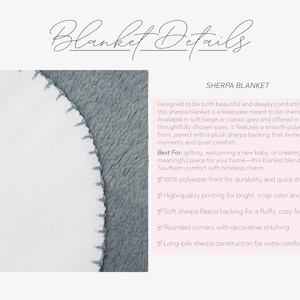 May include: A close-up of a soft, grey and white sherpa blanket. The blanket has a smooth polyester front and a plush sherpa backing. The text "Blanket Details" is at the top.