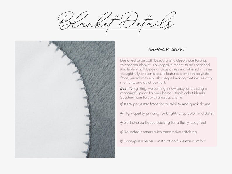 May include: A close-up of a soft, grey and white sherpa blanket. The blanket has a smooth polyester front and a plush sherpa backing. The text "Blanket Details" is at the top.