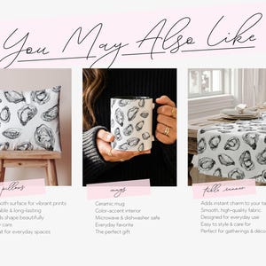May include: An image featuring a pillow, a mug, and a table runner, all decorated with an oyster shell pattern. The pillow is on a stool. The mug is held by a person. The table runner is on a table, adding charm to the room.