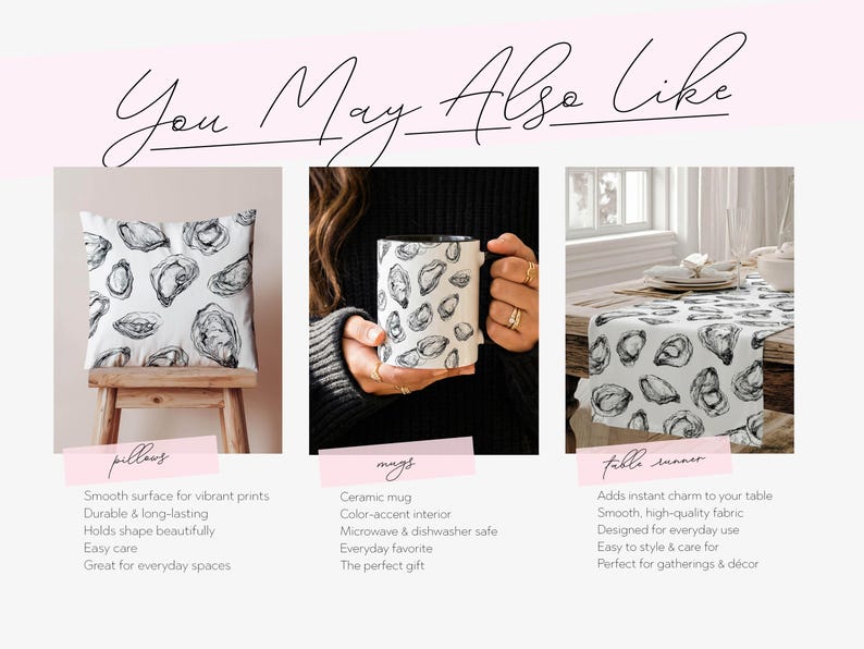 May include: An image featuring a pillow, a mug, and a table runner, all decorated with an oyster shell pattern. The pillow is on a stool. The mug is held by a person. The table runner is on a table, adding charm to the room.