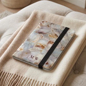 Personalized iPad Case Monogram Oyster Shell Design Folio Cover New Job Gift Idea for Best Friend Elegant Marble Tablet Sleeve with Stand
