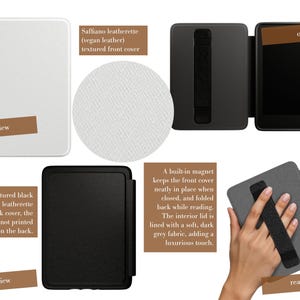 May include: A white Saffiano leatherette textured front cover, a black back cover, and an open view of an e-reader case. Features include a built-in magnet for the cover, a soft dark grey fabric interior lining, and a hand strap for reading.
