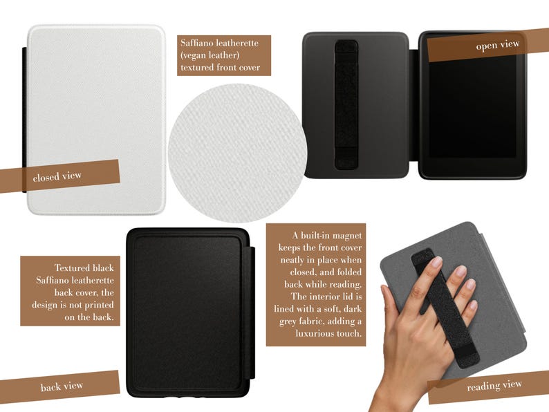 May include: A white Saffiano leatherette textured front cover, a black back cover, and an open view of an e-reader case. Features include a built-in magnet for the cover, a soft dark grey fabric interior lining, and a hand strap for reading.