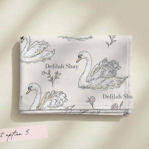 Personalized Swan Baby Swaddle Set Name Newborn Girl Hospital Outfit Custom Blanket Beanie Keepsake Shower Gift Heirloom Nursery Decor Font Option 3
