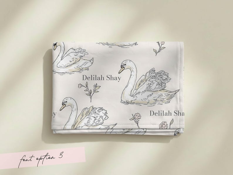 Personalized Swan Baby Swaddle Set Name Newborn Girl Hospital Outfit Custom Blanket Beanie Keepsake Shower Gift Heirloom Nursery Decor Font Option 3