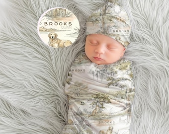 Hunting Baby Boy Nursery Personalized Swaddle Blanket Southern Toile Deer Duck Labrador Print Neutral Heirloom Newborn Shower Gift for Dad