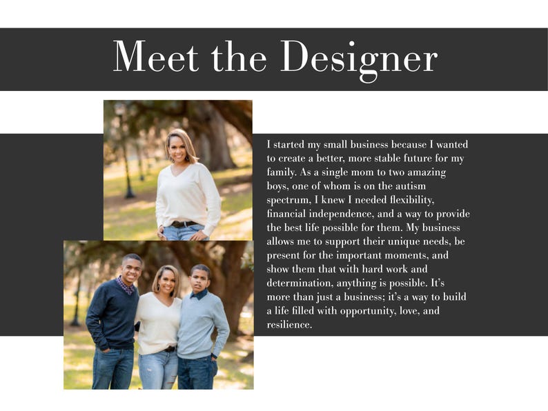May include: A Meet the Designer graphic featuring two photographs of a woman and her two sons in an outdoor setting. The text describes the business owner's motivation for starting her company to support her family and children's needs.
