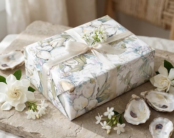 Custom Oyster Shell Floral Gift Wrap Magnolia Wedding Favor Paper Lowcountry Bride Shower Packaging Heirloom Chic Louisiana Hostess Decor