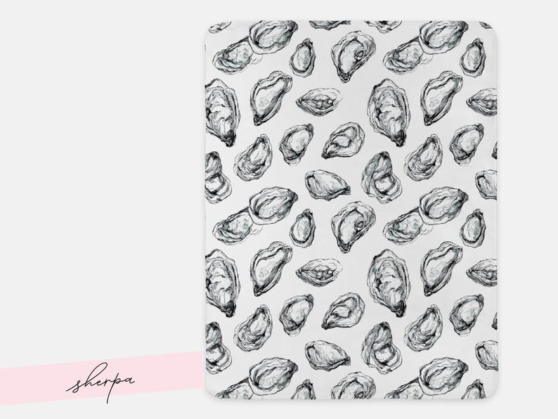 May include: A white blanket featuring a repeating pattern of black and grey oyster illustrations. The oysters are depicted in a detailed, realistic style, with varying sizes and orientations across the surface.