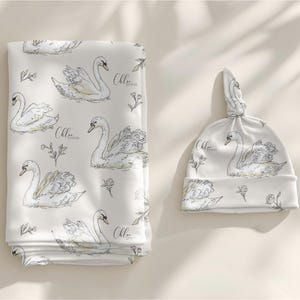 Personalized Swan Baby Swaddle Set Name Newborn Girl Hospital Outfit Custom Blanket Beanie Keepsake Shower Gift Heirloom Nursery Decor image 2