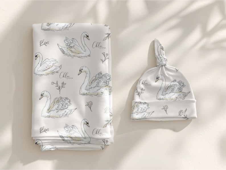 Personalized Swan Baby Swaddle Set Name Newborn Girl Hospital Outfit Custom Blanket Beanie Keepsake Shower Gift Heirloom Nursery Decor image 2