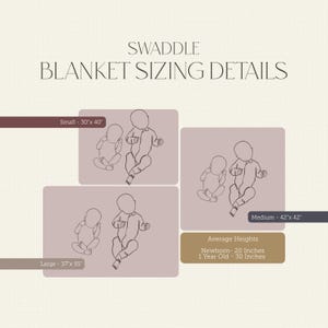 The image is a collage of three different baby swaddle blanket sizes, each depicting a baby in a different stage of development.