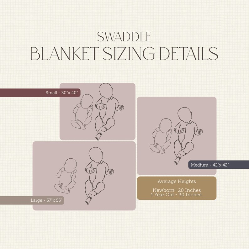 The image is a collage of three different baby swaddle blanket sizes, each depicting a baby in a different stage of development.