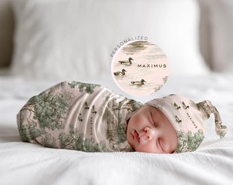 Personalized Duck Swaddle Blanket Mallard Print Custom Name Baby Boy Gift Woodland Nursery Decor Present Southern Mom Newborn Coming Home