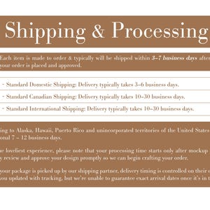 May include: A brown informational graphic with white text titled Shipping & Processing. It outlines order fulfilment timelines, domestic and international delivery estimates, and instructions regarding mockup approval and tracking updates for customers.