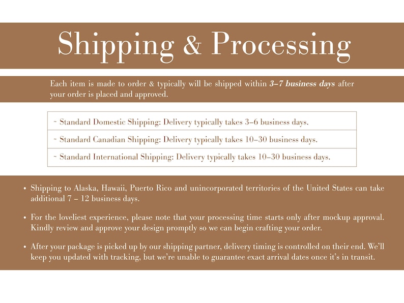 May include: A brown informational graphic with white text titled Shipping & Processing. It outlines order fulfilment timelines, domestic and international delivery estimates, and instructions regarding mockup approval and tracking updates for customers.