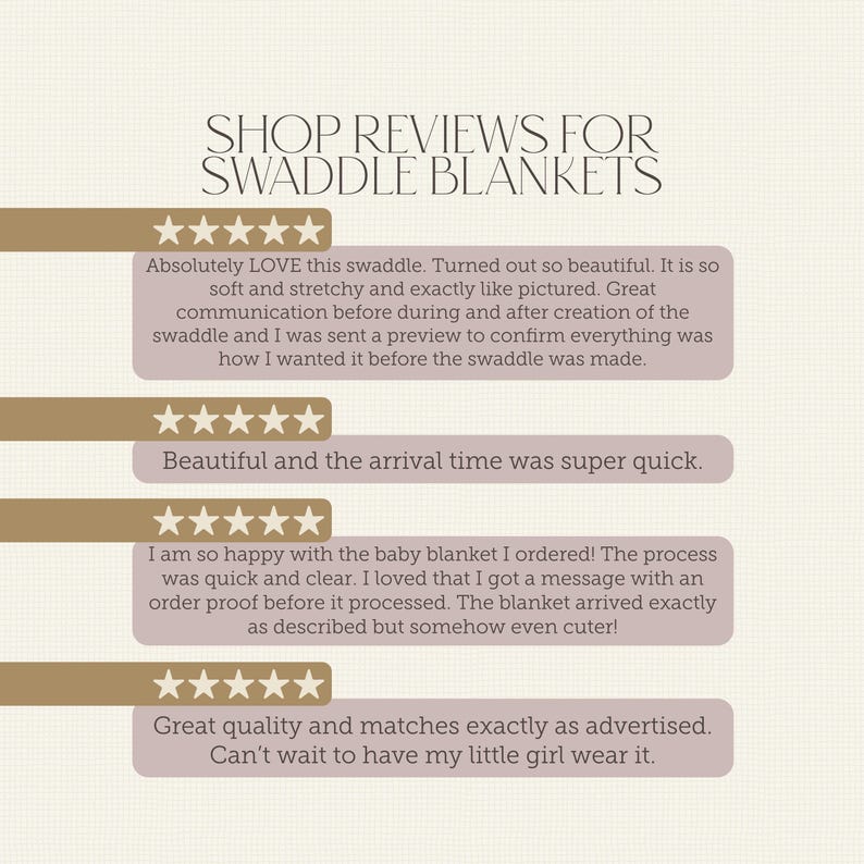 The image is a collage of three reviews for swaddle blankets. The reviews express positive feedback about the swaddle blankets, including their softness, stretchiness, and beauty. The reviews also mention the arrival time being quick and the customer's satisfaction with the product. The reviews highlight the great quality and how the swaddle blankets match as advertised.