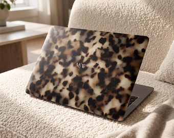 Tortoise Shell Macbook Case Personalized Laptop Cover Custom Initial Gift for Wife Work From Home Chic Accessory Office Tortoiseshell Print