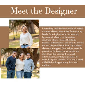 May include: A Meet the Designer graphic featuring a brown background with white text. Two photographs show a woman in a white jumper and blue jeans, and a group photo of the woman with two young men in a park setting with trees.