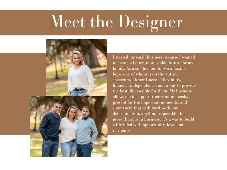 May include: A Meet the Designer graphic featuring a brown background with white text. Two photographs show a woman in a white jumper and blue jeans, and a group photo of the woman with two young men in a park setting with trees.