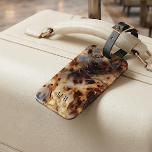 Personalized Tortoiseshell Acrylic Luggage Tag Monogram Initials Luxury Travel Accessory Bridesmaid Gift Honeymoon Suitcase Identifier