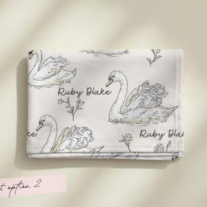 Personalized Swan Baby Swaddle Set Name Newborn Girl Hospital Outfit Custom Blanket Beanie Keepsake Shower Gift Heirloom Nursery Decor Font Option 2