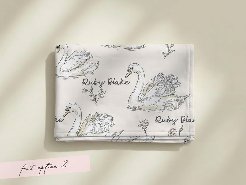 Personalized Swan Baby Swaddle Set Name Newborn Girl Hospital Outfit Custom Blanket Beanie Keepsake Shower Gift Heirloom Nursery Decor Font Option 2