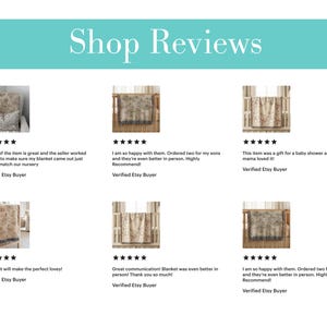 May include: A digital display titled Shop Reviews featuring six customer testimonials. Each entry includes a five-star rating, a written comment from a verified Etsy buyer, and a small thumbnail image of a beige patterned blanket in various settings.