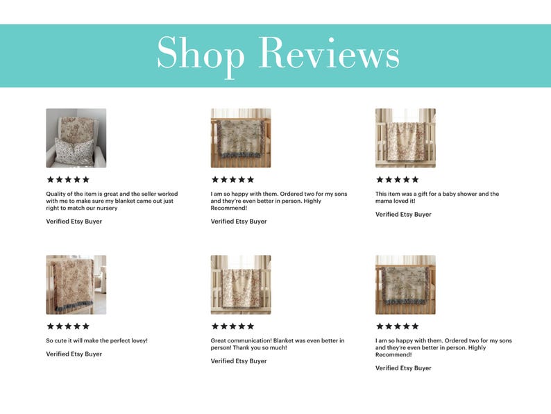 May include: A digital display titled Shop Reviews featuring six customer testimonials. Each entry includes a five-star rating, a written comment from a verified Etsy buyer, and a small thumbnail image of a beige patterned blanket in various settings.