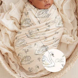 Personalized Swan Baby Swaddle Set Name Newborn Girl Hospital Outfit Custom Blanket Beanie Keepsake Shower Gift Heirloom Nursery Decor image 1